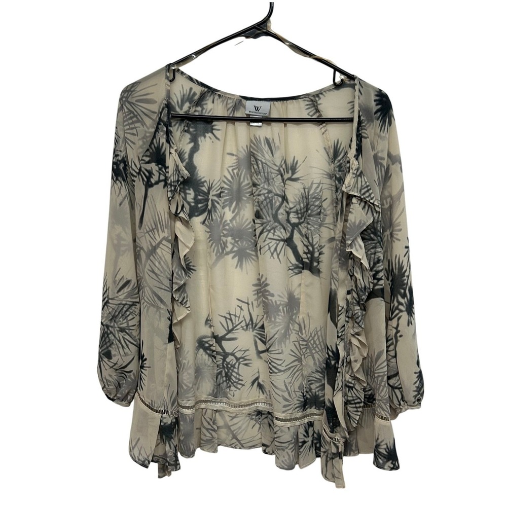 Worthington Sheer Floral Ruffle‎ Blouse L Beige Black Romantic Vintage Layering